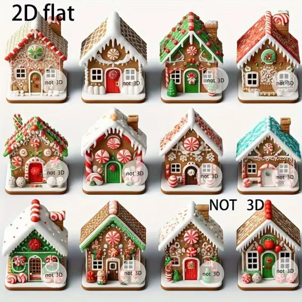 2D 12pcs Festive Holiday Christmas Gingerbread House Wooden Ornaments